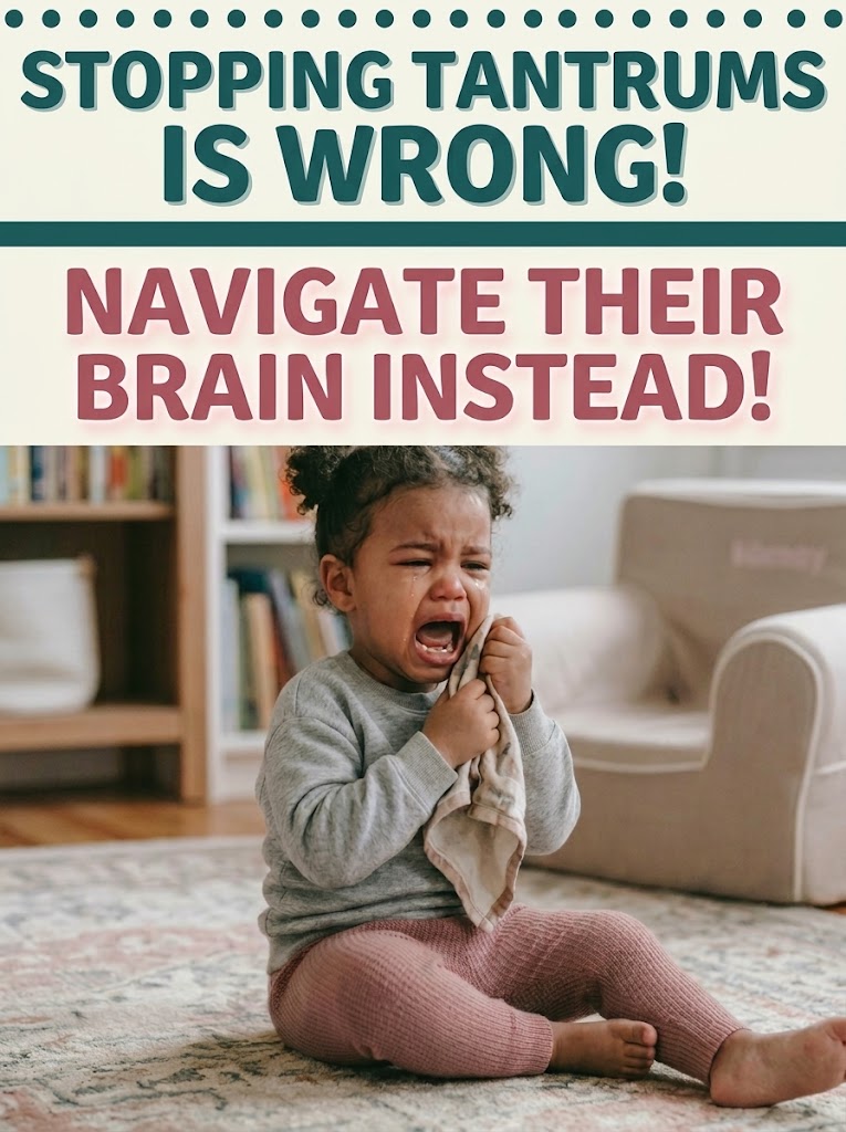 Toddler crying during a tantrum with bold text about navigating toddler brain and positive parenting