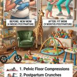 "Infographic with 5 safe postpartum exercises for new mothers and a 4-week vs 9-month recovery comparison.
