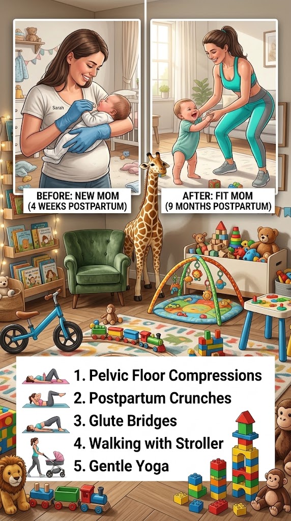 "Infographic with 5 safe postpartum exercises for new mothers and a 4-week vs 9-month recovery comparison.