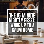 Woman with baby doing a 15-minute nightly reset routine for home organization and clean living room