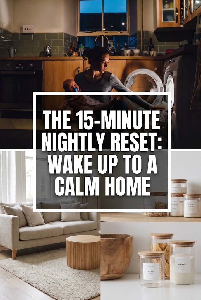 Woman with baby doing a 15-minute nightly reset routine for home organization and clean living room