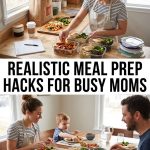 Woman preparing healthy glass container meals and prepped vegetables for busy mom meal prep