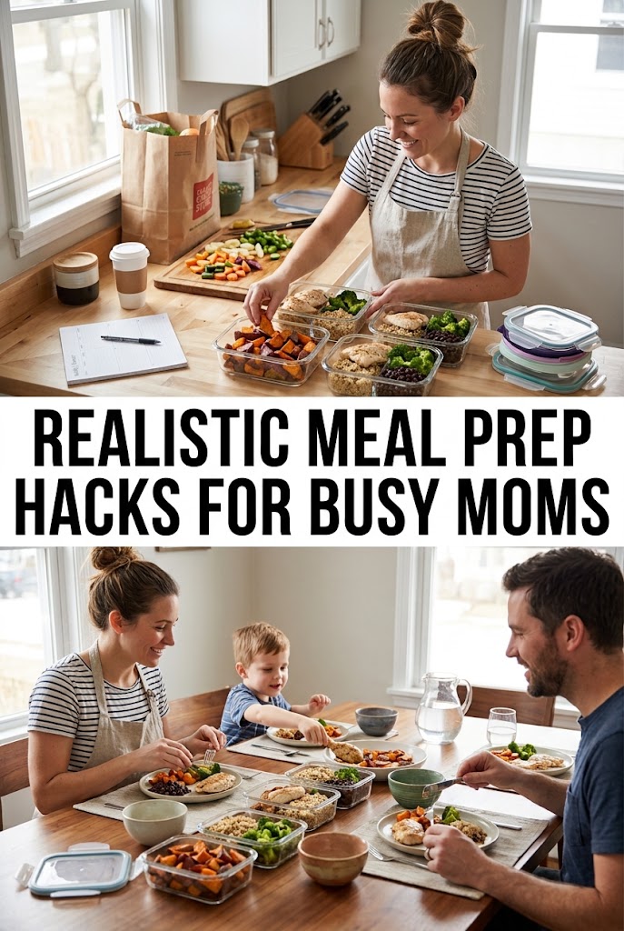 Woman preparing healthy glass container meals and prepped vegetables for busy mom meal prep