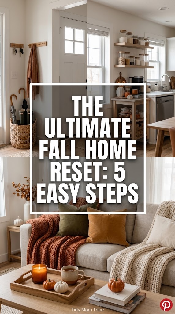 Real cozy autumn home collage showing entry drop zone and kitchen coffee station for fall home reset