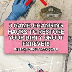 Scrubbing dirty floor tile grout lines with a stiff detail brush and homemade baking soda paste