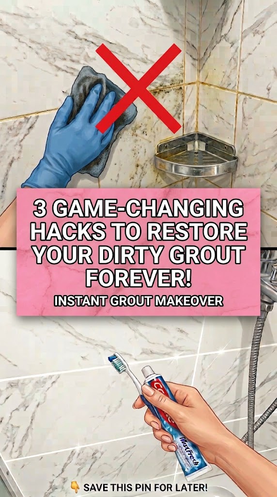 Scrubbing dirty floor tile grout lines with a stiff detail brush and homemade baking soda paste